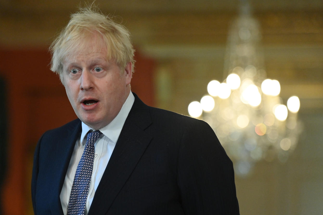 LONDON, ENGLAND - JUNE 02: Prime Minister Boris Johnson speaks during a press conference following a meeting inside 10 Downing Street on June 2, 2021 in London, England. The meeting between the prime minister and the secretary general comes after a meeting between Defence Secretary Ben Wallace, Foreign Secretary Dominic Raab, and their allied counterparts yesterday. Mr Raab called on Nato allies to work together to counter 