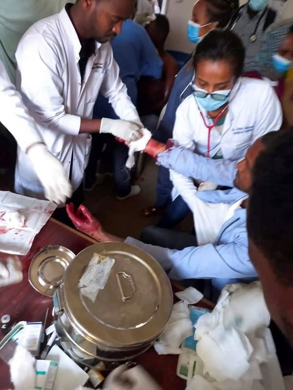 Ethiopian medical staff attend to a civilian injured during an air strike, at the Mekelle general hospital in Mekelle