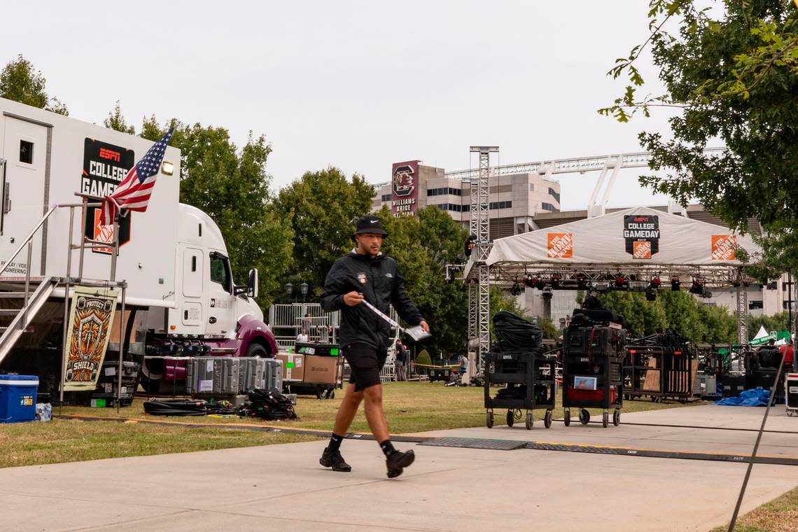 Crews set up for the broadcast of College GameDay at Gamecock Park on Thursday Sept. 12, 2024.