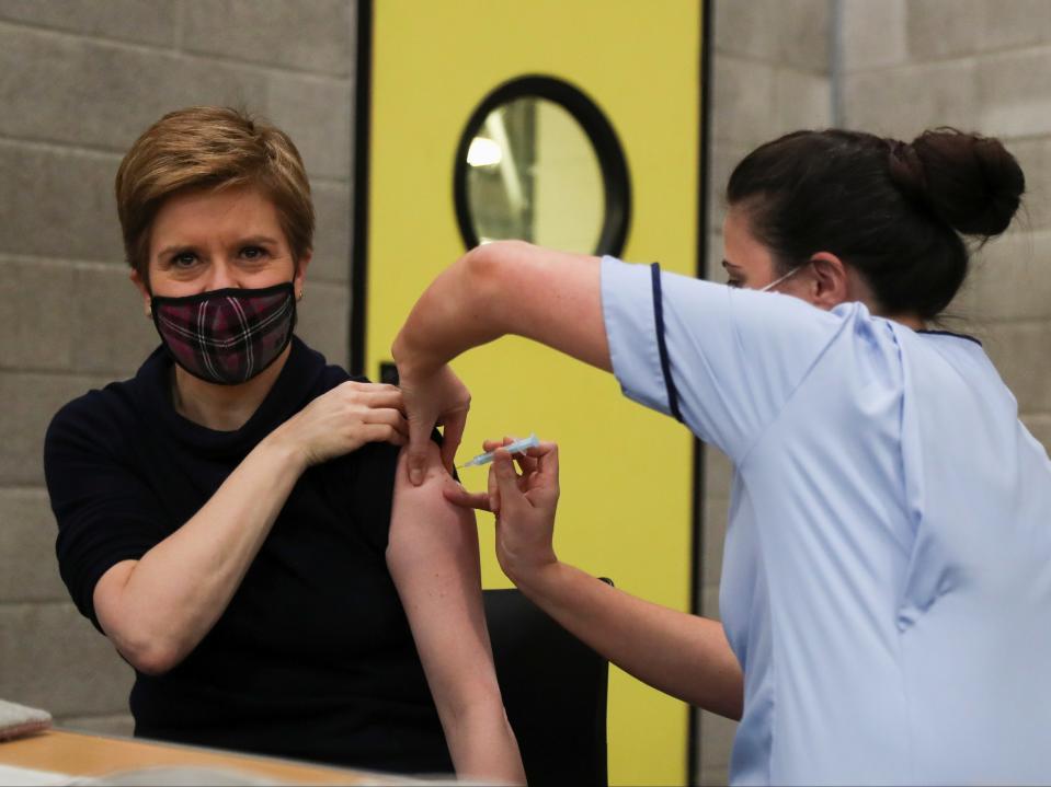 Scotland’s FM Nicola Sturgeon receives her Covid booster vaccine on Saturday (Getty)