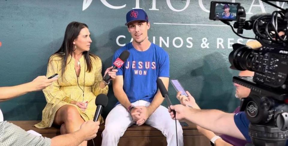 That is what Texas Rangers left fielder Evan Carter wants everyone to know when he wore a blue t-shirt emblazoned with the phrase, “JESUS WON,” in white and red lettering while sitting in the dugout surrounded by a gaggle of reporters before his major league debut on Sept. 8. Texas Rangers Today Baseball Podcast