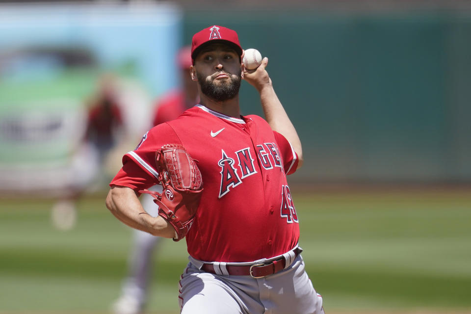 Los Angeles Angels' Patrick Sandoval pitches against the Oakland Athletics during the second inning of a baseball game in Oakland, Calif., Sunday, May 15, 2022. (AP Photo/Jeff Chiu)