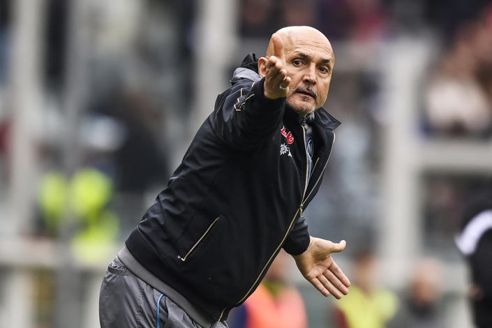 Napoli coach Luciano Spalletti gives instructions to his players during the Serie A soccer match between Torino and Napoli at the Turin Olympic stadium, Italy, Sunday, March 19, 2023. (Fabio Ferrari/LaPresse via AP)