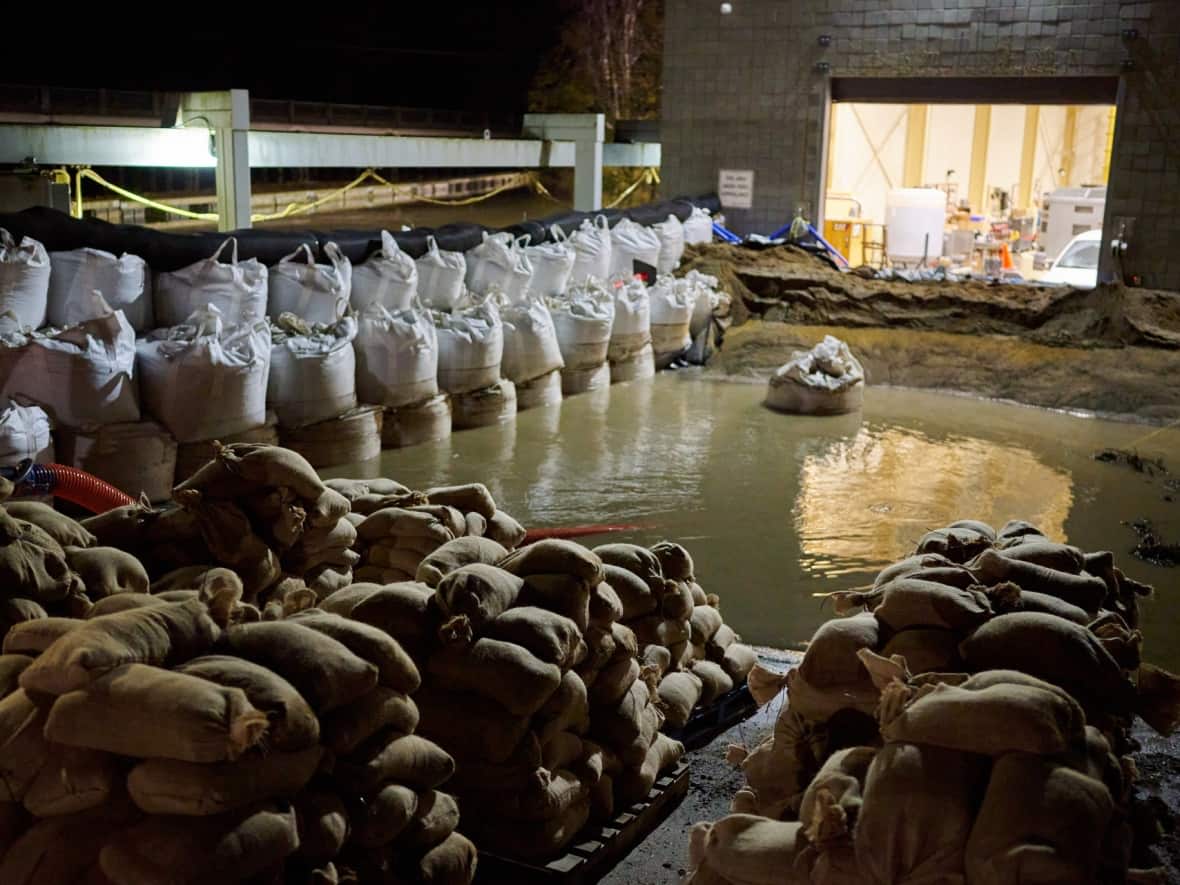 Sandbags are in place at the Barrowtown Pump Station in Abbotsford, B.C., in a photo posted to the city's Twitter account Sunday. (City of Abbotsford/Twitter - image credit)