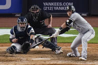 Chicago White Sox's Nick Madrigal hits an RBI single during the eighth inning of the team's baseball game against the New York Yankees on Friday, May 21, 2021, in New York. (AP Photo/Frank Franklin II)