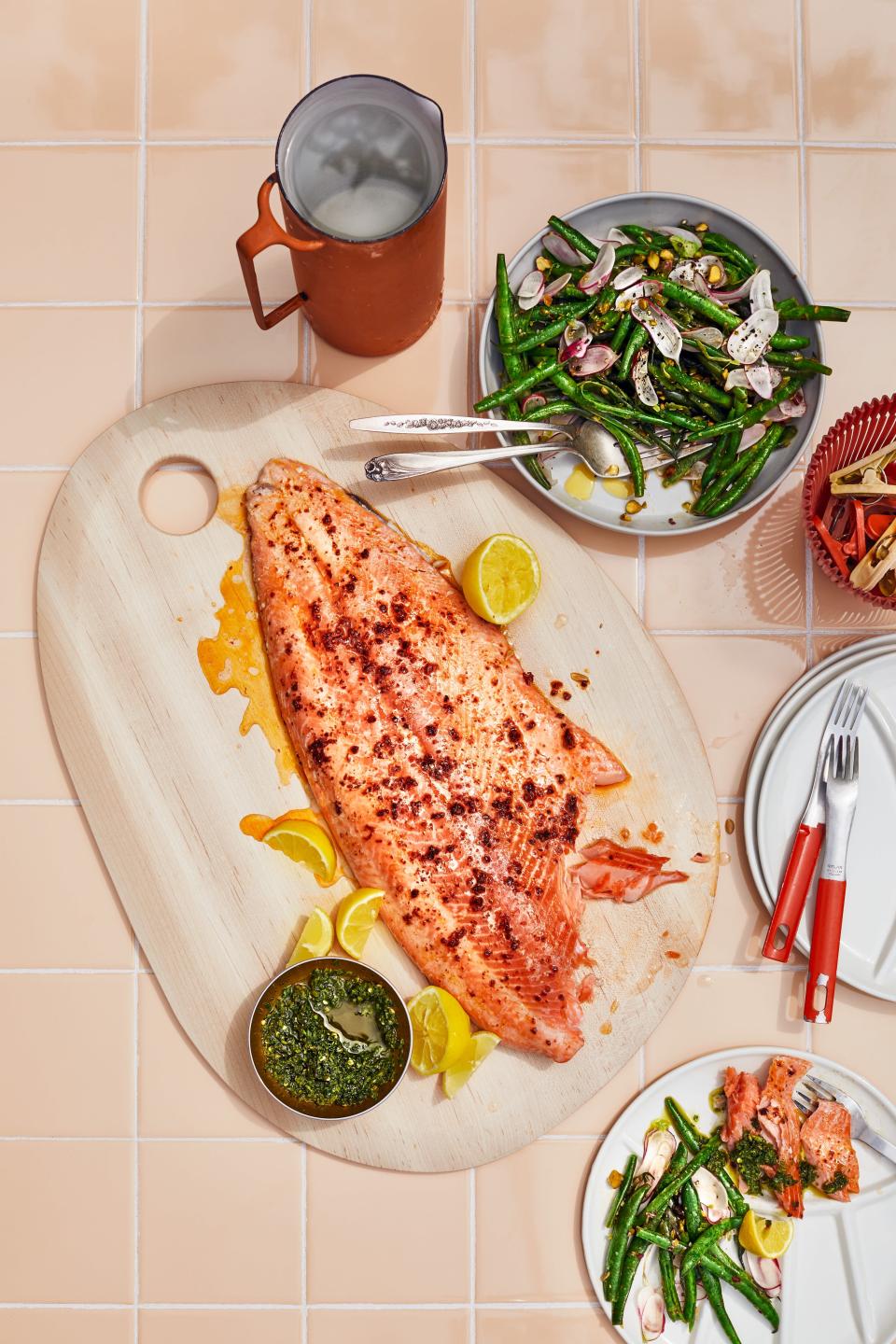 Cold Roast Salmon With Smashed Green Beans