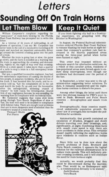 The Press Journal published pro and con letters about the necessity for quiet zones along Indian River County rails Nov. 17, 1991.