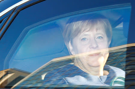 Christian Democratic Union (CDU) party leader and German Chancellor Angela Merkel arrives to the CDU party headquarters in Berlin, Germany, October 15, 2018. REUTERS/Fabrizio Bensch