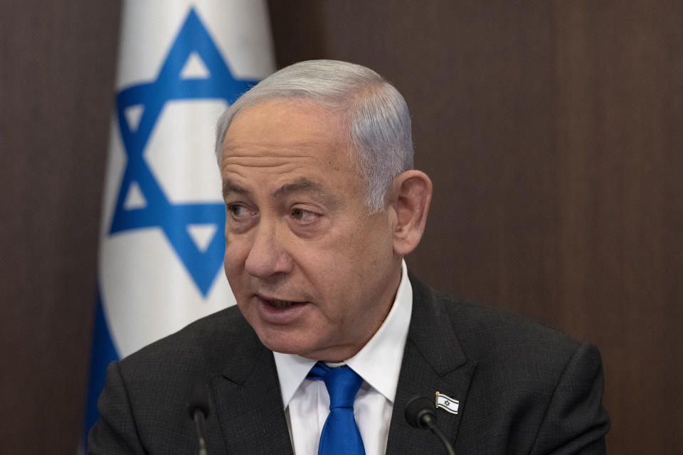 Israel's Prime Minister Benjamin Netanyahu makes opening remarks at the weekly cabinet meeting in Jerusalem, Sunday, March 12, 2023. (AP Photo/Maya Alleruzzo, Pool)