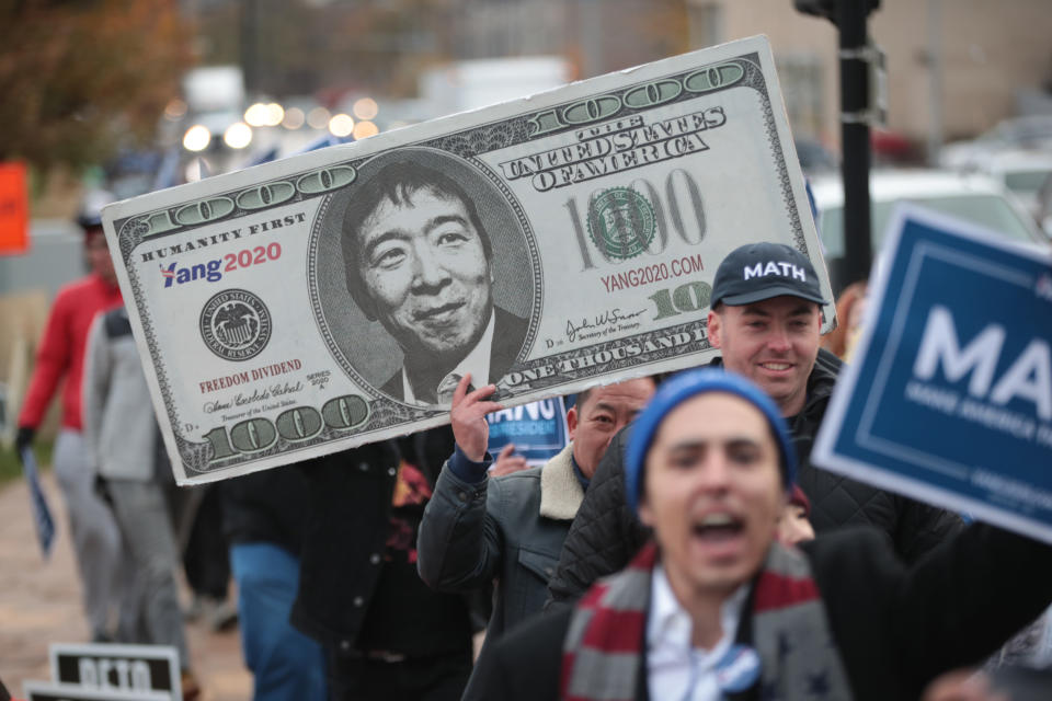 Supporters of Democratic presidential candidate, entrepreneur Andrew Yang march outside of the Wells Fargo Arena before the start of the Liberty and Justice Celebration on Nov. 1, 2019 in Des Moines, Iowa. (Photo: Scott Olson/Getty Images)