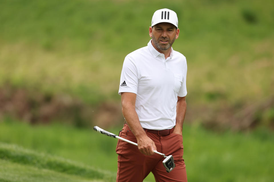 POTOMAC, MARYLAND - MAY 05: Sergio Garcia of Spain walks across the tenth green during the first round of the Wells Fargo Championship at TPC Potomac Clubhouse on May 05, 2022 in Potomac, Maryland. (Photo by Gregory Shamus/Getty Images)