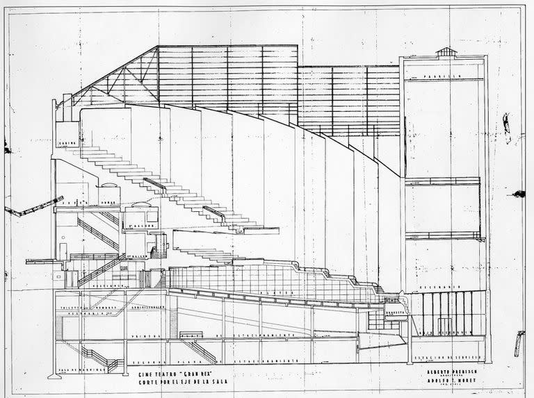 El plano original del Gran Rex imaginado por Alberto Prebisch, el arquitecto considerado precursor de la Arquitectura Moderna en la Argentina que fue el interlocutor calificado en la visita de Le Corbusier a Buenos aires y quien, en 1936, diseñó el Obelisco porteño

