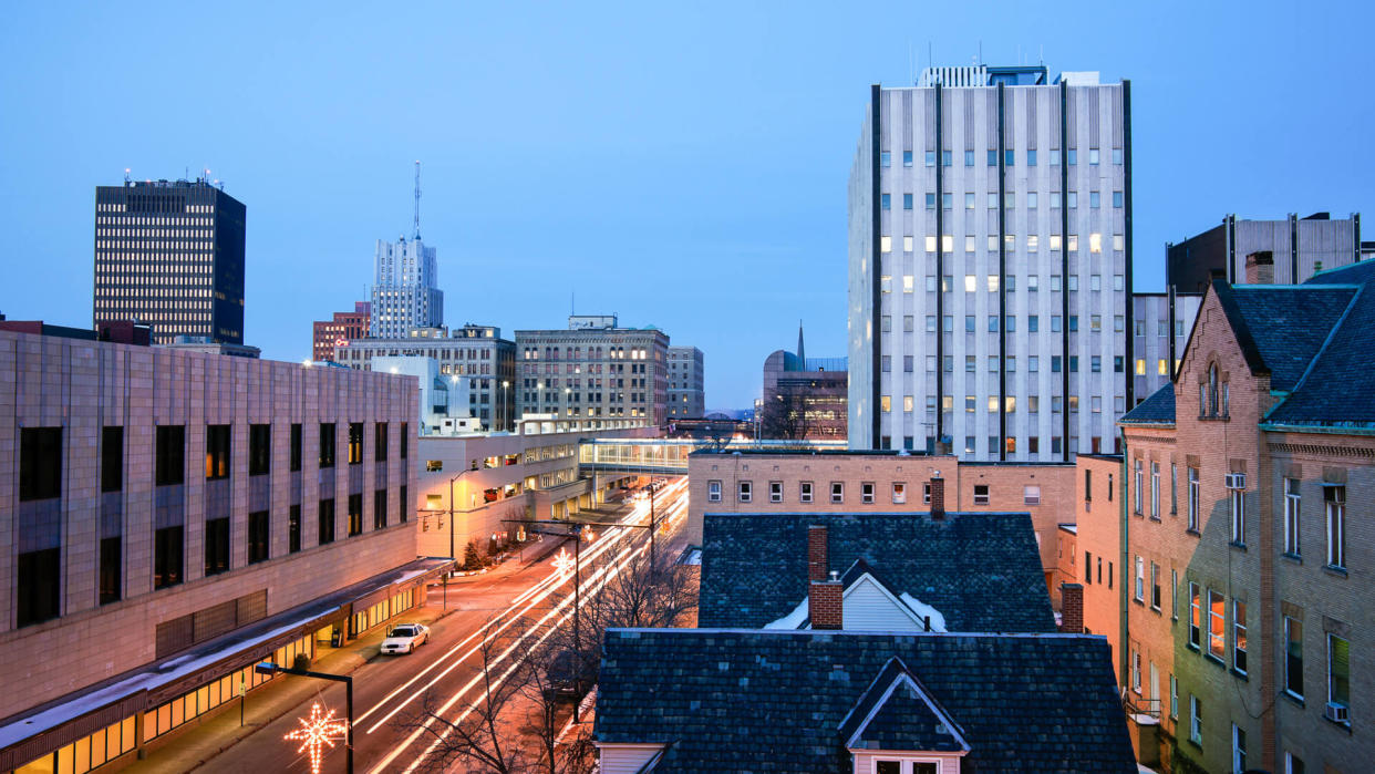 dusk in Akron, Ohio.