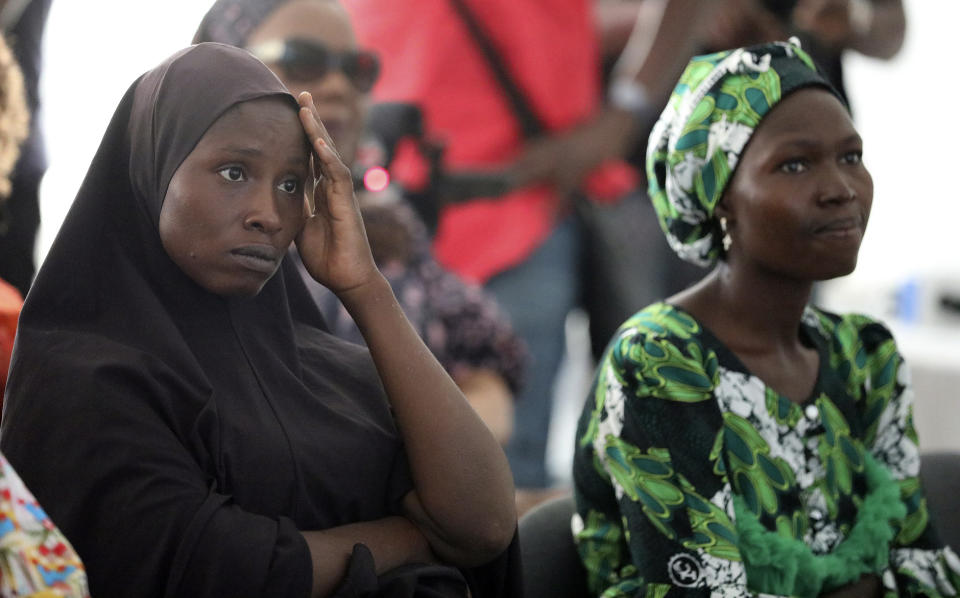 Parents of Chibok schoolgirls who were kidnapped in 2014 by Islamic extremists, attend a 10th anniversary event of the abduction in Lagos, Nigeria, Thursday, April 4, 2024. A new film in Nigeria is being screened to remember the nearly 100 schoolgirls who are still in captivity 10 years after they were seized from their school in the country’s northeast. At least 276 girls were kidnapped during the April 2014 attack, but most have since regained their freedom. (AP Photo/Mansur Ibrahim )