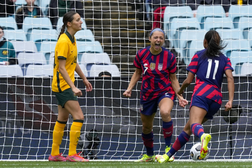 United States' Ashley Hatch celebrates after scoring her team's first goal during the international soccer match between the United States and Australia at Stadium Australia in Sydney, Saturday, Nov. 27, 2021. (AP Photo/Mark Baker)