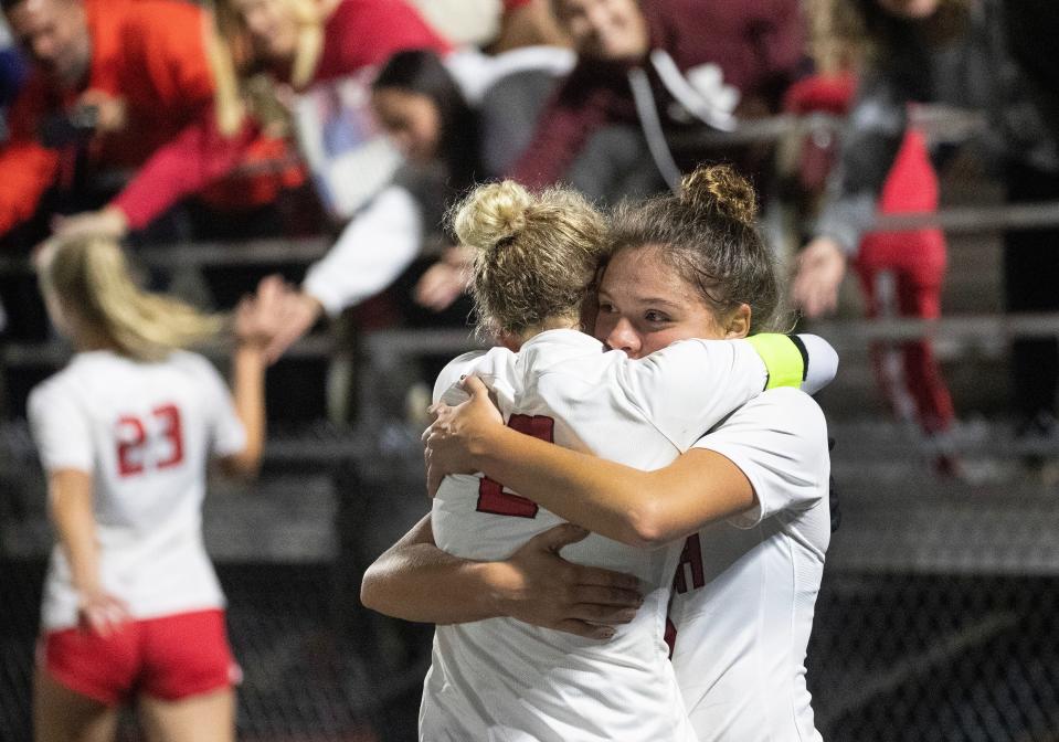 Kenlee Dominguez and Evie McCarthy of North Fort Myers celebrate their 1-0 win over Mariner in the 5A-Region 3 Girls Soccer Finals on Wednesday, Feb. 21, 2024, in Cape Coral.