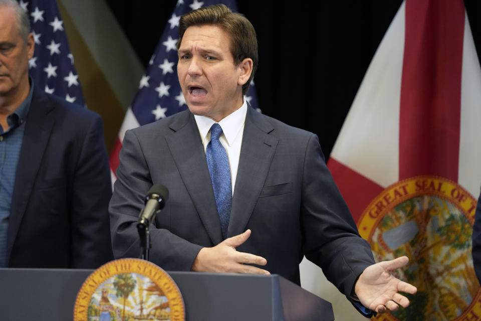 Florida Gov. Ron DeSantis speaks at a news conference at the Reedy Creek Administration Building, Monday, April 17, 2023, in Lake Buena Vista, Fla. DeSantis is currently engaged in a high-profile battle with Disney. (AP Photo/John Raoux)