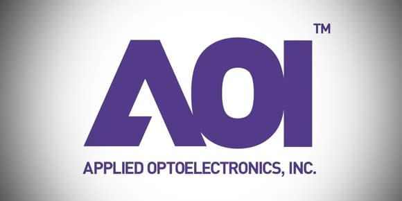 Applied Optoelectronics' corporate logo, purple on a grey gradient.