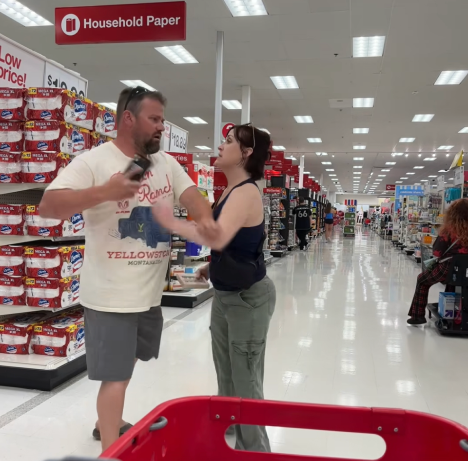 Monica Geisel (right) confronts a man later revealed to be a registered sex offender (left) in a Target after she says he took a video of her teenage daughter (Facebook)