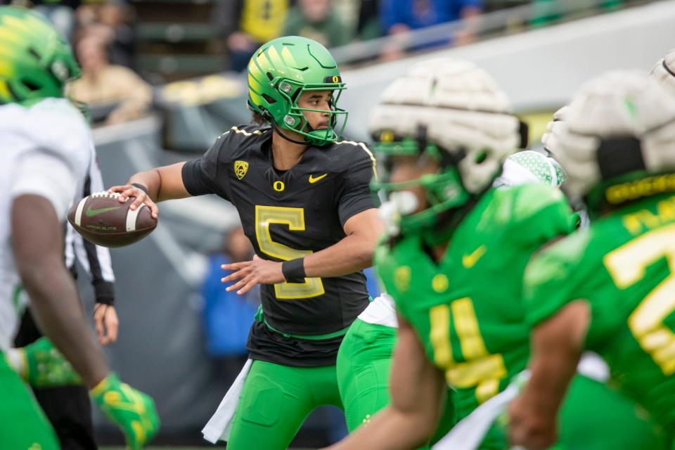 Oregon quarterback Dante Moore during the Oregon Ducks’ Spring Game Saturday, April 27. 2024 at Autzen Stadium in Eugene, Ore.