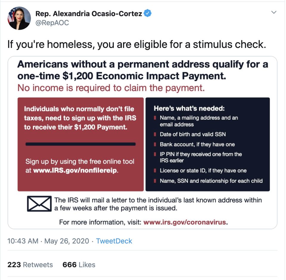 Rep. Alexandria Ocasio-Cortez tweeted that homeless Americans are also eligible to receive coronavirus stimulus payments.