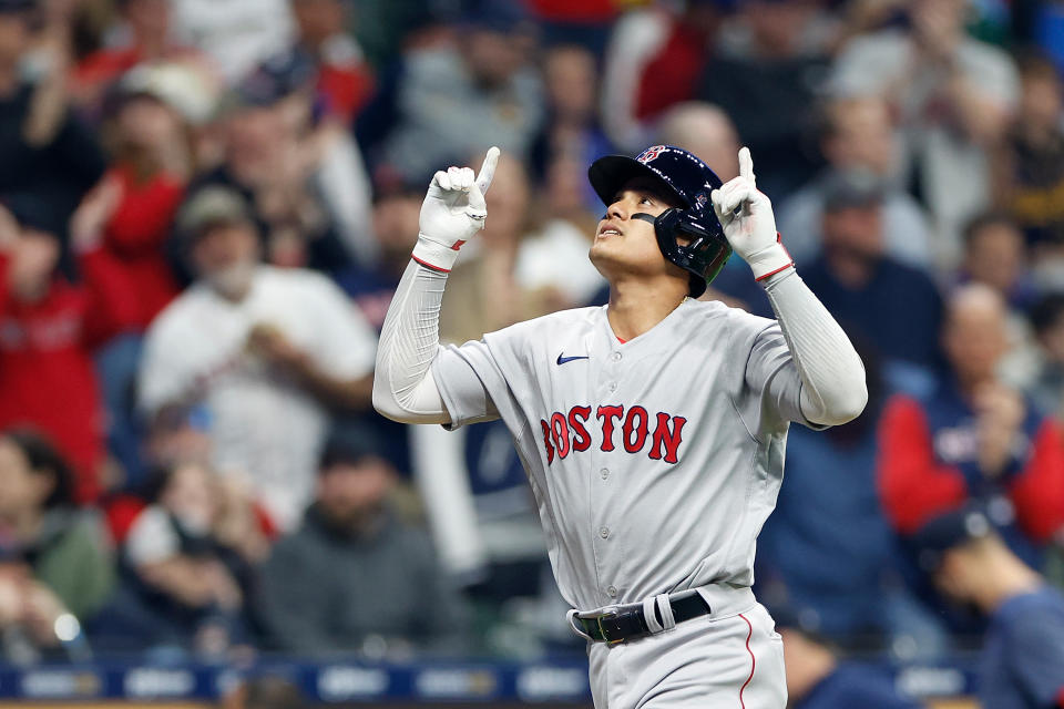 MILWAUKEE, WISCONSIN - APRIL 22: Yu Chang #20 of the Boston Red Sox reacts while crossing home plate after hitting a home run against the Milwaukee Brewers at American Family Field on April 22, 2023 in Milwaukee, Wisconsin. (Photo by John Fisher/Getty Images)