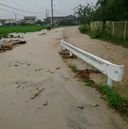 Floodwaters are seen after heavy rains in Saga city