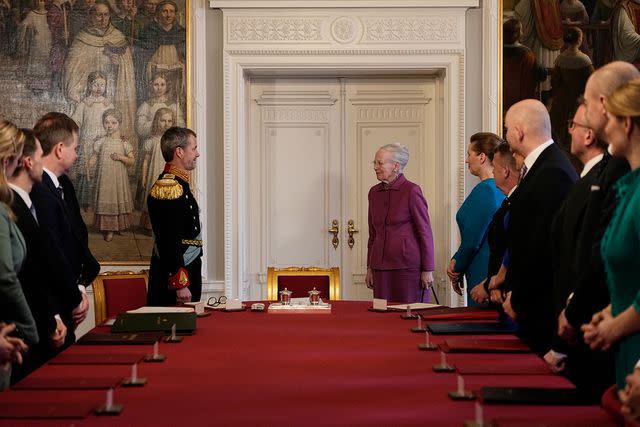 <p>MADS CLAUS RASMUSSEN/Ritzau Scanpix/AFP via Getty </p> King Frederik and Queen Margrethe on her abdication day, Jan. 14, 2024