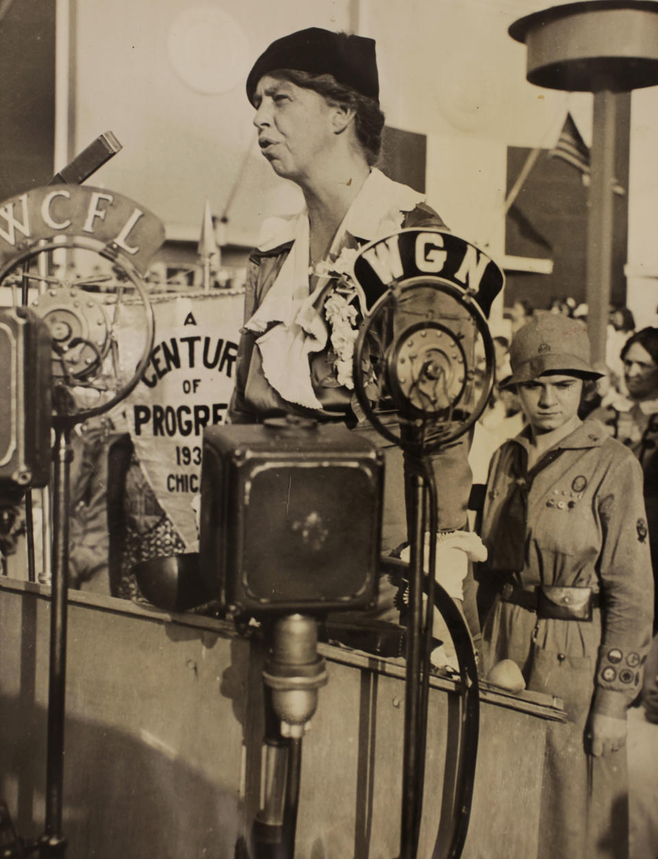 In this Nov. 1, 1933 photo, Eleanor Roosevelt speaks during Women's Day at the World's Fair in Chicago. PBS announced Thursday, May 8, 2014, its fall season will open with the seven-part Ken Burns' documentary, "The Roosevelts: An Intimate History." (AP Photo/PBS, Franklin D. Roosevelt Presidential Library, Hyde Park, NY)