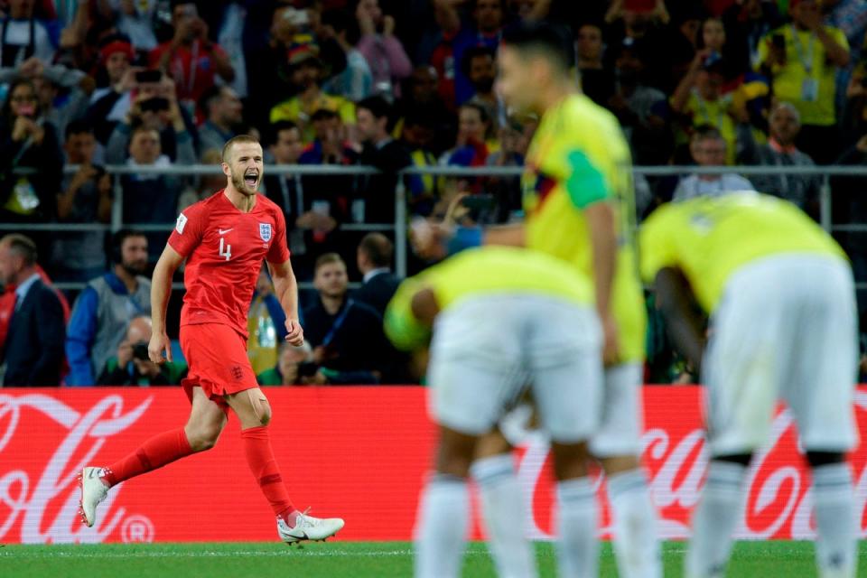 Eric Dier celebrates scoring during the penalty shootout (AFP via Getty Images)