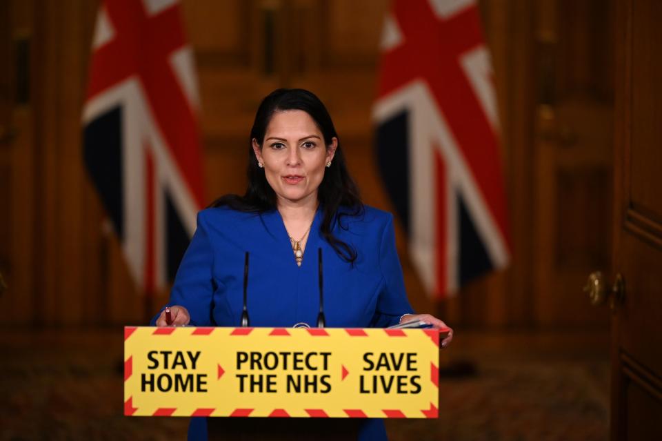 Britain's Home Secretary Priti Patel attends a COVID-19 pandemic virtual press conference inside 10 Downing Street in central London on January 12, 2021. - People who flout coronavirus lockdown rules were on Tuesday warned that police will take action, as the government vowed to step up enforcement measures to cut surging infection rates that risk overwhelming health services. Home Secretary Priti Patel said 45,000 on-the-spot fines had already been issued to people who failed to adhere to strict lockdown guidelines. (Photo by Leon Neal / POOL / AFP) (Photo by LEON NEAL/POOL/AFP via Getty Images)