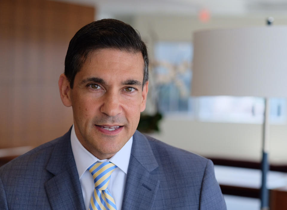 In this 2017 photo, Val DiGiorgio, chairman of the Pennsylvania Republican Party, poses in Philadelphia. DiGiorgio is stepping down Tuesday, June 25, 2019, following a published report that he had traded sexually charged text messages with a Philadelphia City Council candidate and also sent her an explicit photo of himself. (Ed Hille/The Philadelphia Inquirer via AP)