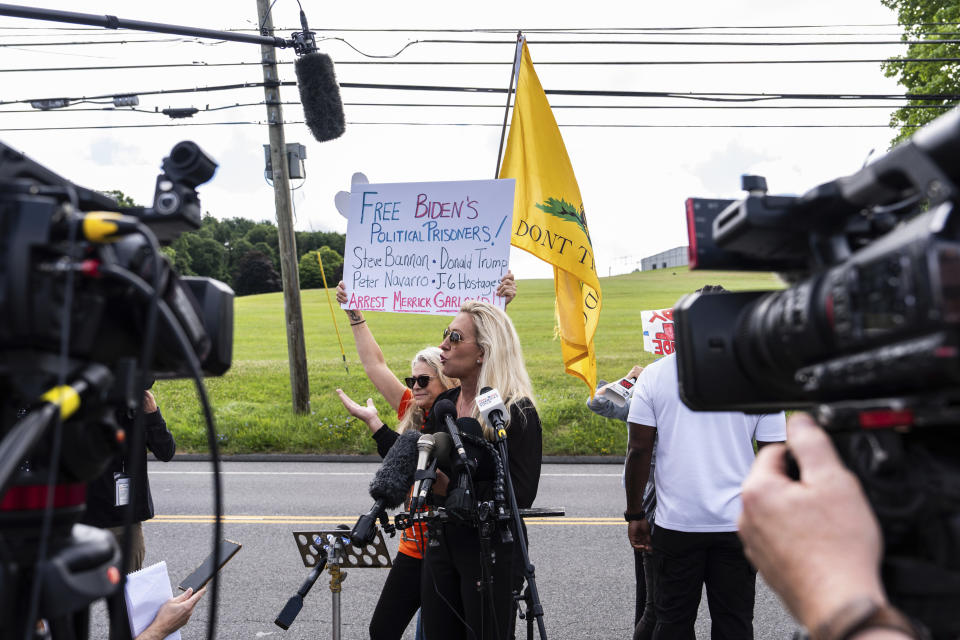 Rep. Marjorie Taylor Greene, R-Ga., speaks outside Danbury Federal Correctional Institution, Monday, July 1, 2024, in Danbury, Conn. (AP Photo/Julia Nikhinson)