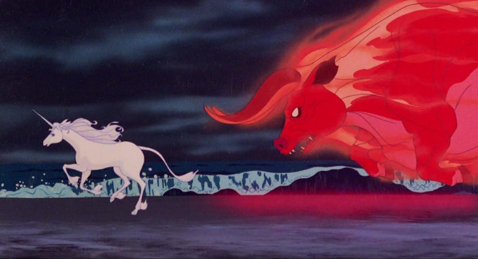 The red bull chasing The Last Unicorn.