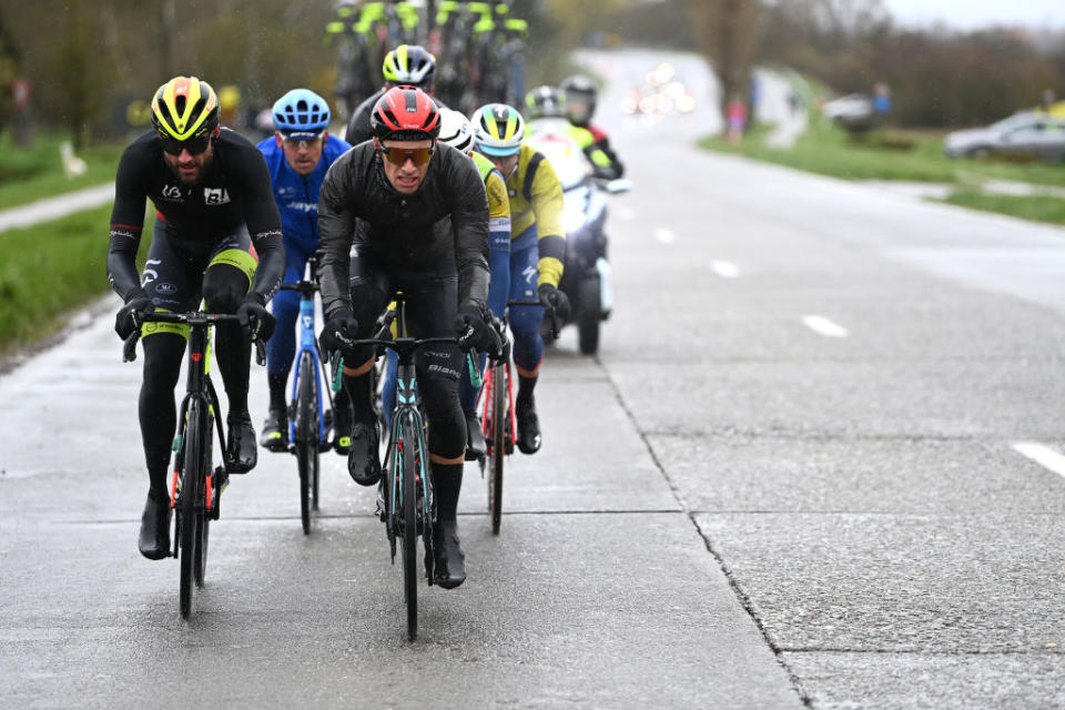 WEVELGEM BELGIUM  MARCH 26 LR Guillaume Van Keirsbulck of Belgium and Team Bingoal WB and Jenthe Biermans of Belgium and Team Arka Samsic compete in the chase group during the 85th GentWevelgem in Flanders Fields 2023 Mens Elite a 2609km one day race from Ypres to Wevelgem  UCIWT  on March 26 2023 in Wevelgem Belgium Photo by Tim de WaeleGetty Images