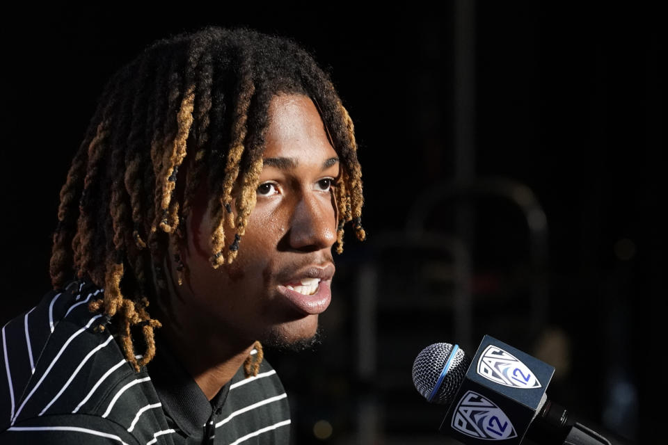 Oregon State defensive back Alex Austin speaks during the Pac-12 Conference NCAA college football media day Friday, July 29, 2022, in Los Angeles. (AP Photo/Damian Dovarganes)