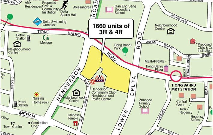 Map showing the Bukit Merah May BTO (2022) launch consists of 1,660 3-room and 4-room flats located on Henderson Road