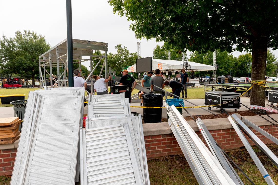 Crews set up for the broadcast of College GameDay at Gamecock Park on Thursday Sept. 12, 2024.