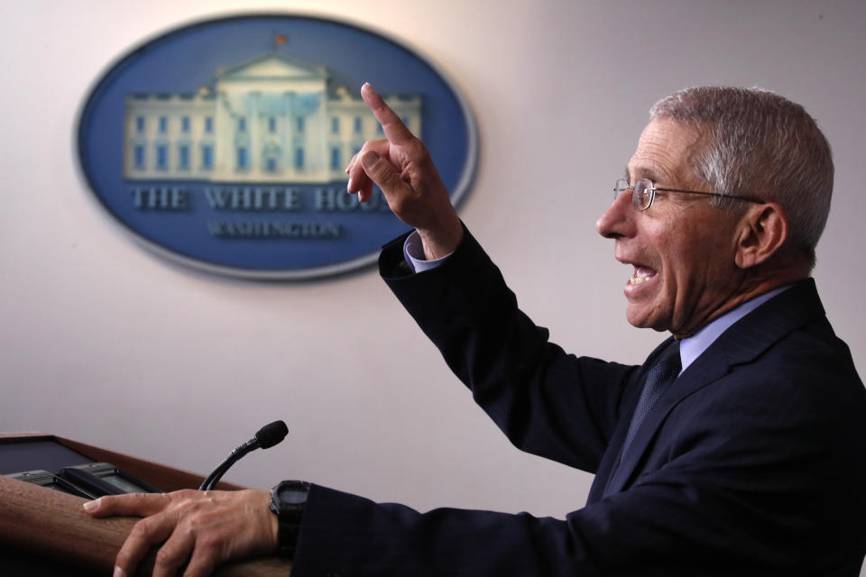 Dr. Anthony Fauci, director of the National Institute of Allergy and Infectious Diseases, speaks about the coronavirus in the James Brady Press Briefing Room of the White House, Wednesday, April 1, 2020, in Washington. (AP Photo/Alex Brandon)