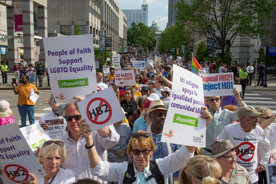 Image: Demonstrators call for the repeal of HB2 in Raleigh, North Carolina (Jill Knight / Raleigh News and Observer/TNS via Getty Images)