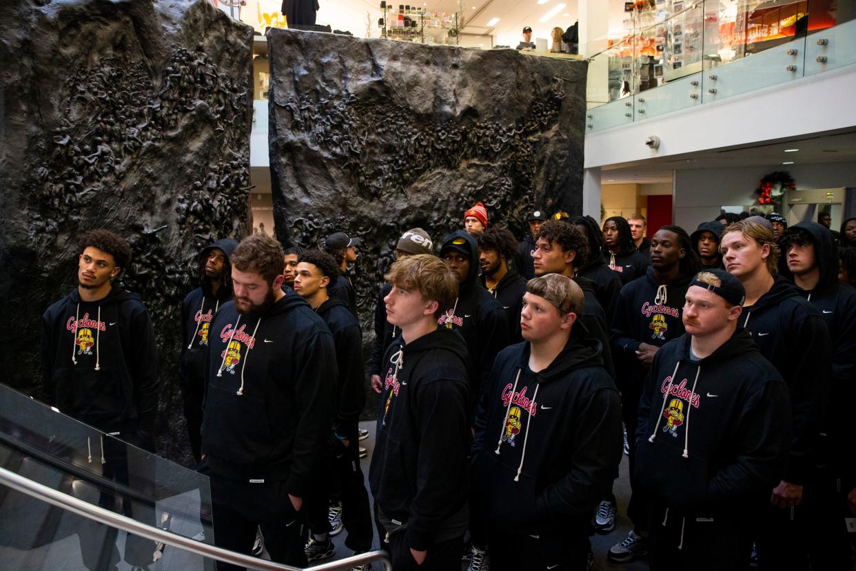 Iowa State football players listen to a tour guide in the lobby of the National Civil Rights Museum at the Lorraine Motel in Downtown Memphis on Wednesday,