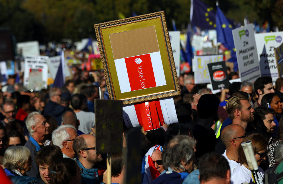 Protesters participating in an anti-Brexit demonstration, march through central London, Britain October 20, 2018 (REUTERS)