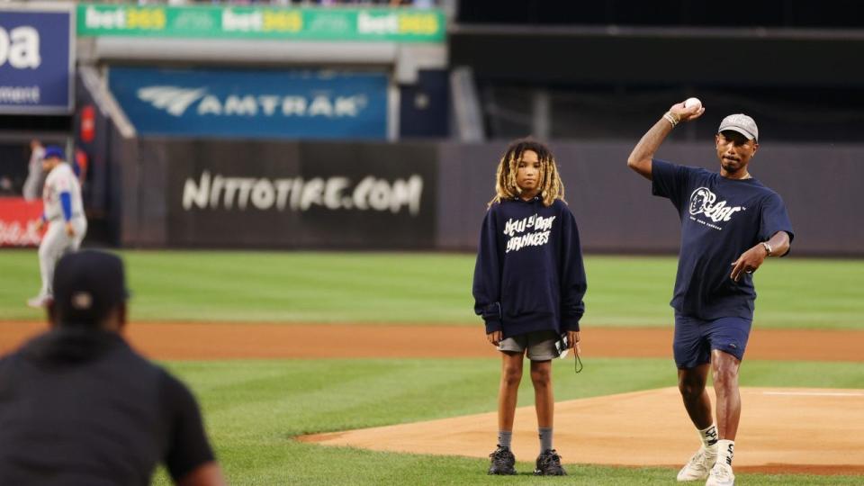 Pharrell Rocket BBC Yankees Mets first pitch subway series 
