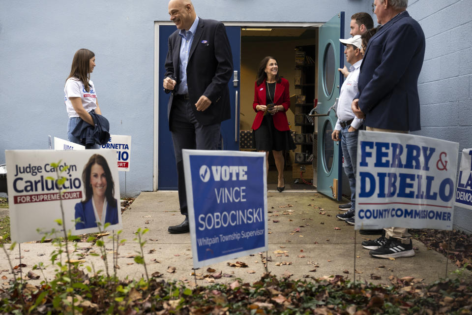 Carolyn Carluccio, Republican Pennsylvania Supreme Court candidate, leaves the Wissahickon Valley Public Library after voting in Blue Bell, Pa. on Tuesday, Nov. 7, 2023. (AP Photo/Joe Lamberti)