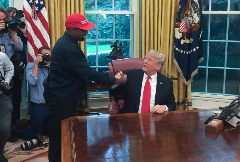 President Donald Trump meets with rapper Kanye West in the Oval Office of the White House in Washington, DC,in 2018. (Sebastian Smith/AFP via Getty Images)