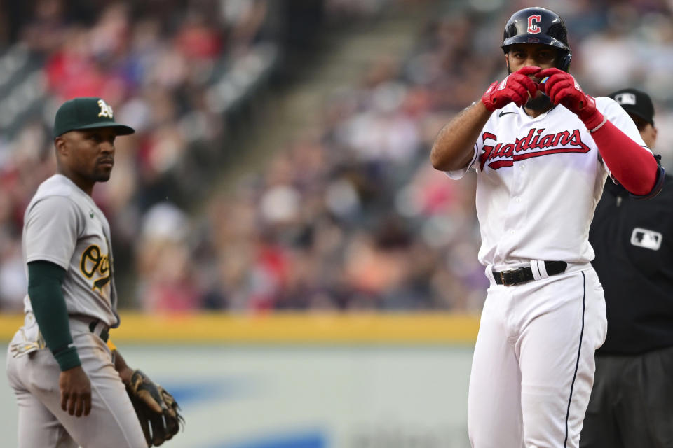 Cleveland Guardians' Amed Rosario celebrates after hitting a double against the Oakland Athletics during the fifth inning of a baseball game Tuesday, June 20, 2023, in Cleveland. (AP Photo/David Dermer)