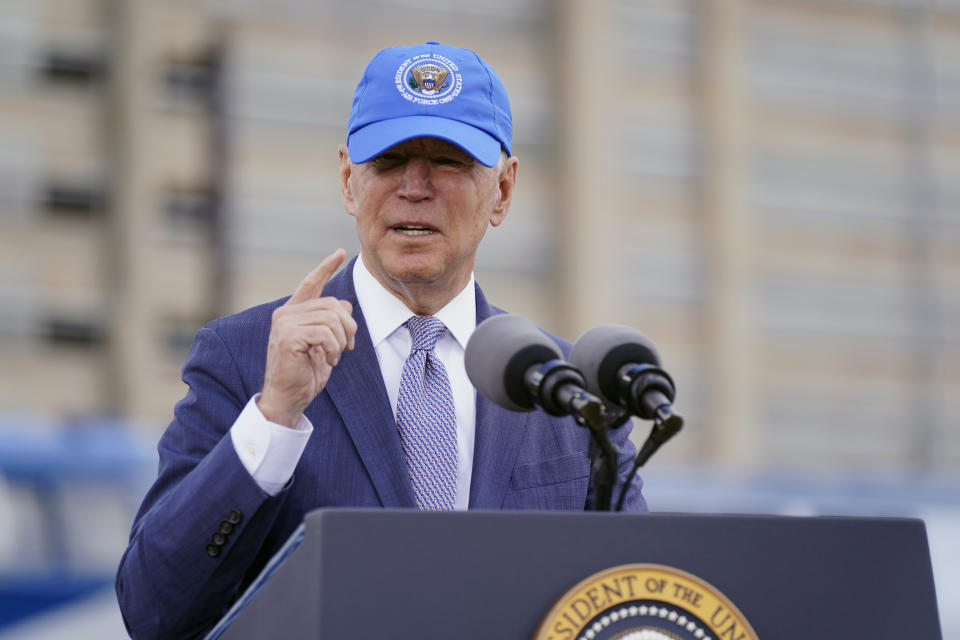 President Joe Biden speaks during an event to mark Amtrak's 50th anniversary at 30th Street Station in Philadelphia, Friday, April 30, 2021. (AP Photo/Patrick Semansky)