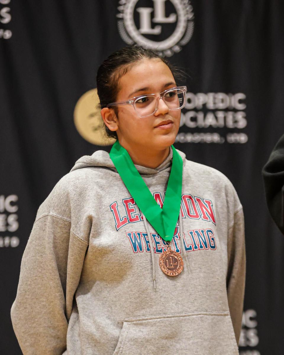 Yilia Fernandez Gonzalez (Lebanon) stands on the podium with her 148 lb. 4th place medal The Lancaster Lebanon League Wrestling Championships were held at Manheim Township on Saturday January 27, 2024.