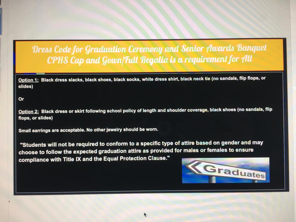 Cumberland Polytechnic High School revised its dress code, an alleged copy of which is shown above, allowing girls to wear pants at graduation — with a necktie. (Screenshot: Courtesy of Lacey Henry)