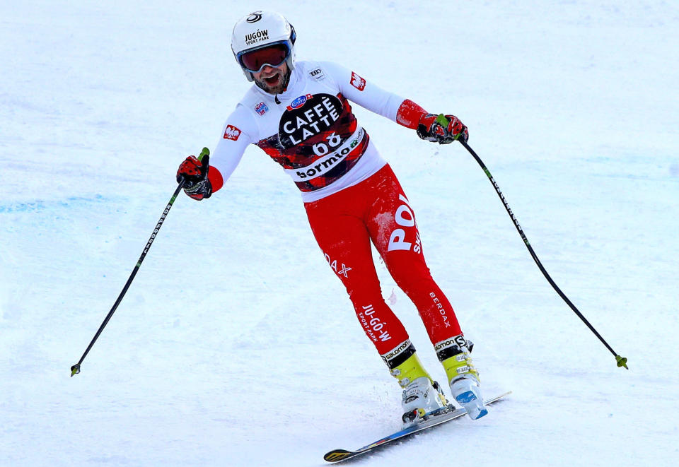 Polish skier Pawel Babicki finished a downhill race on just one ski. (AP Photo)